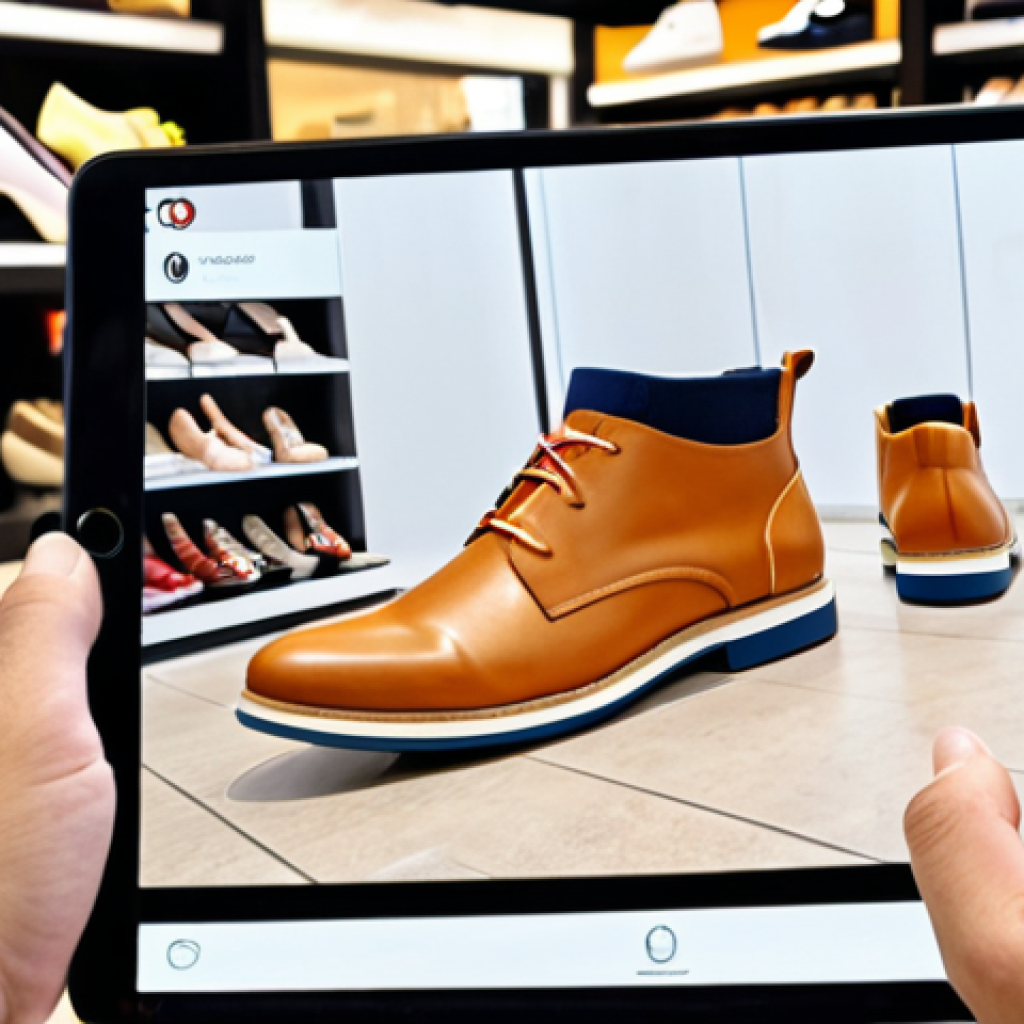 **

Prompt: "A modern shoe store interior with a customer using a tablet to virtually 'try on' different shoes. The app displays the shoes on their feet in augmented reality. Focus on the blend of physical and digital shopping experience. Clean, bright, inviting atmosphere."

**