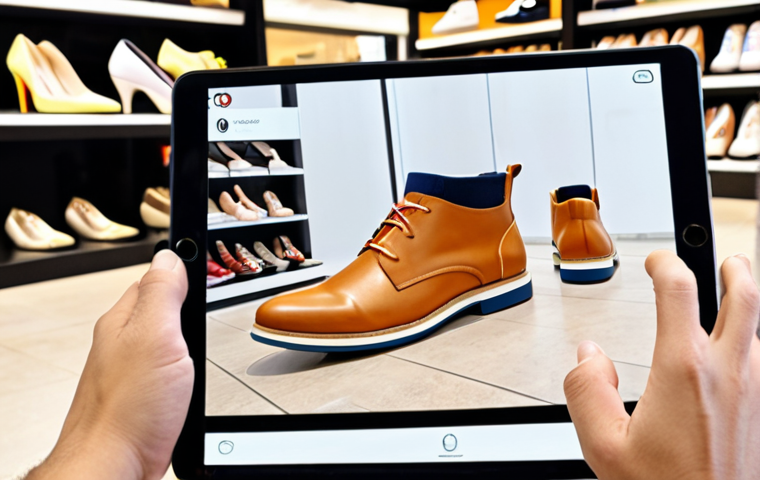 **
Prompt: "A modern shoe store interior with a customer using a tablet to virtually 'try on' different shoes. The app displays the shoes on their feet in augmented reality. Focus on the blend of physical and digital shopping experience. Clean, bright, inviting atmosphere."
**