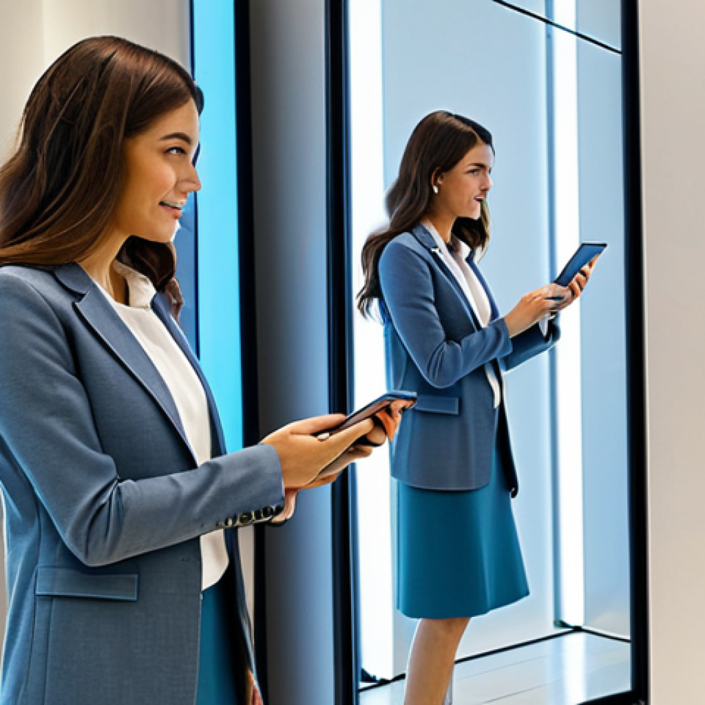 A professional woman, fully clothed in a modest business casual outfit, interacting with an intelligent touch-screen mirror in a modern, brightly lit fashion retail store. The mirror displays digital overlays showing alternative clothing options and sizes over her reflection, indicating advanced styling suggestions. The store has clean lines, muted colors, and subtle digital signage in the background, blending technology with a premium shopping experience. safe for work, appropriate content, fully clothed, professional, modest clothing, perfect anatomy, correct proportions, natural pose, well-formed hands, proper finger count, natural body proportions, high quality photography.