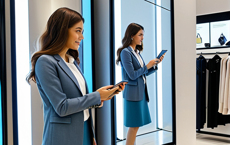 A professional woman, fully clothed in a modest business casual outfit, interacting with an intelligent touch-screen mirror in a modern, brightly lit fashion retail store. The mirror displays digital overlays showing alternative clothing options and sizes over her reflection, indicating advanced styling suggestions. The store has clean lines, muted colors, and subtle digital signage in the background, blending technology with a premium shopping experience. safe for work, appropriate content, fully clothed, professional, modest clothing, perfect anatomy, correct proportions, natural pose, well-formed hands, proper finger count, natural body proportions, high quality photography.