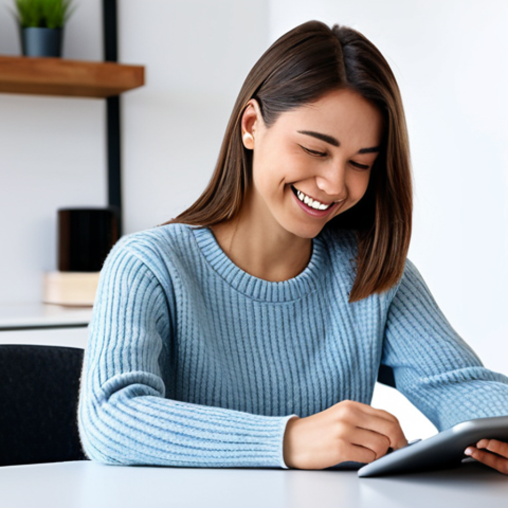 Personalized Language Learning**

"A young professional woman, fully clothed in a modest, casual outfit (jeans and a sweater), smiling as she interacts with a language learning app on her tablet. The app displays personalized exercises tailored to her skill level. She is sitting at a bright desk in a modern, minimalist home office.  Safe for work, appropriate content, professional, family-friendly, perfect anatomy, correct proportions, natural pose, well-formed hands, proper finger count, natural body proportions, high quality image."

**