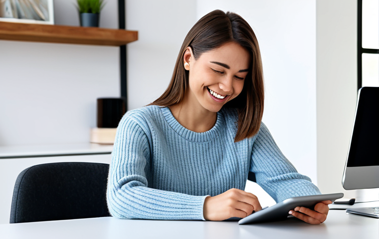 Personalized Language Learning**

"A young professional woman, fully clothed in a modest, casual outfit (jeans and a sweater), smiling as she interacts with a language learning app on her tablet. The app displays personalized exercises tailored to her skill level. She is sitting at a bright desk in a modern, minimalist home office.  Safe for work, appropriate content, professional, family-friendly, perfect anatomy, correct proportions, natural pose, well-formed hands, proper finger count, natural body proportions, high quality image."

**