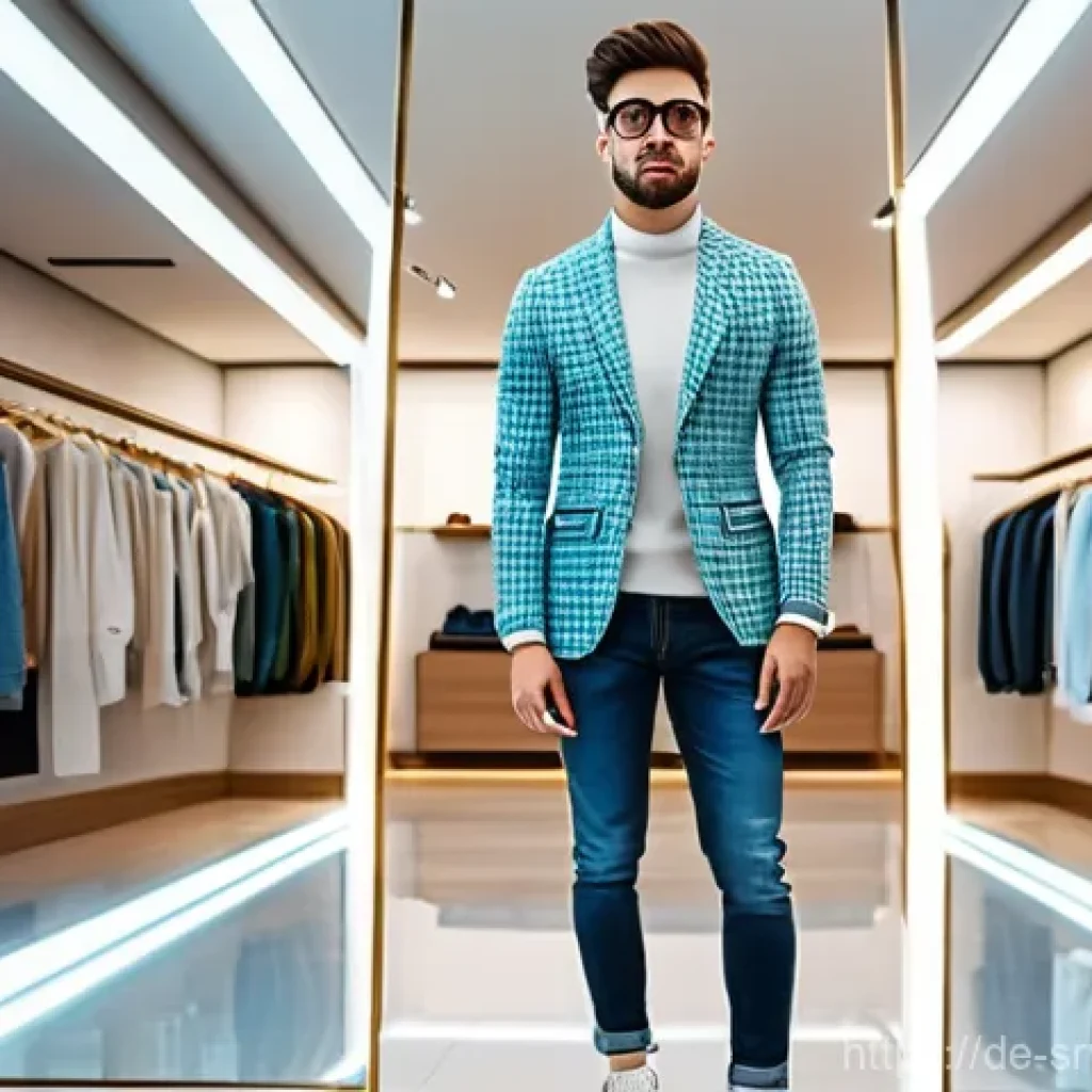 역메타버스 서비스의 고객 경험 혁신 사례 - **Prompt: Futuristic Fashion Mirror**
A young adult, fashionably dressed in a contemporary casua...