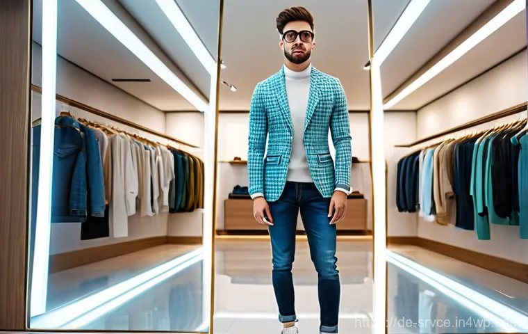 역메타버스 서비스의 고객 경험 혁신 사례 - **Prompt: Futuristic Fashion Mirror**
    A young adult, fashionably dressed in a contemporary casua...