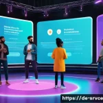 Home 21 역메타버스 서비스의 고객 리텐션 전략 - A vibrant virtual event scene inside a futuristic Reverse Metaverse platform, featuring diverse user...