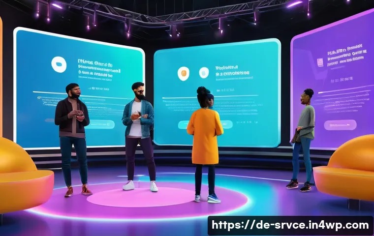 역메타버스 서비스의 고객 리텐션 전략 - A vibrant virtual event scene inside a futuristic Reverse Metaverse platform, featuring diverse user...