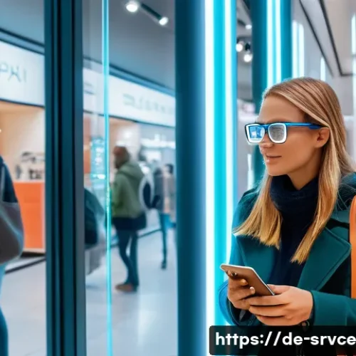 Home 32 역메타버스 서비스의 기술적 원리 - A modern German urban shopping scene featuring a young woman wearing stylish casual clothes and AR g...
