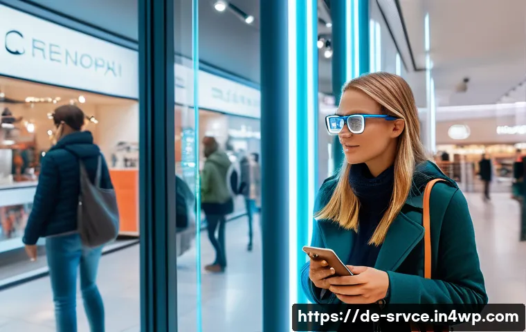 역메타버스 서비스의 기술적 원리 - A modern German urban shopping scene featuring a young woman wearing stylish casual clothes and AR g...