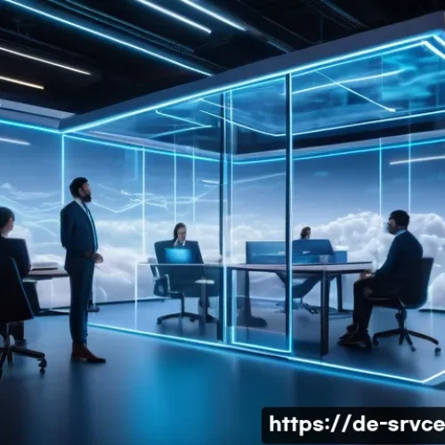 Home 17 역메타버스와 클라우드 기술의 연계 - A futuristic virtual collaboration scene set in a spacious, high-tech cloud-powered metaverse office...