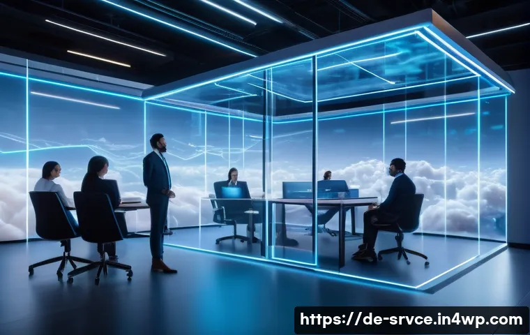 역메타버스와 클라우드 기술의 연계 - A futuristic virtual collaboration scene set in a spacious, high-tech cloud-powered metaverse office...